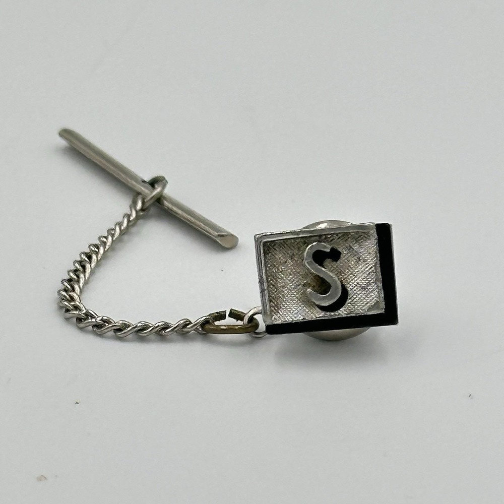 Swank Vintage Tie Tack Chain Bar Letter S Initial Silver Tone Monogram